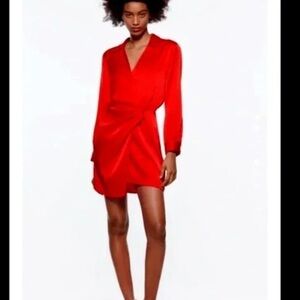 Zara Red Satin Mini Wrap Dress NEW